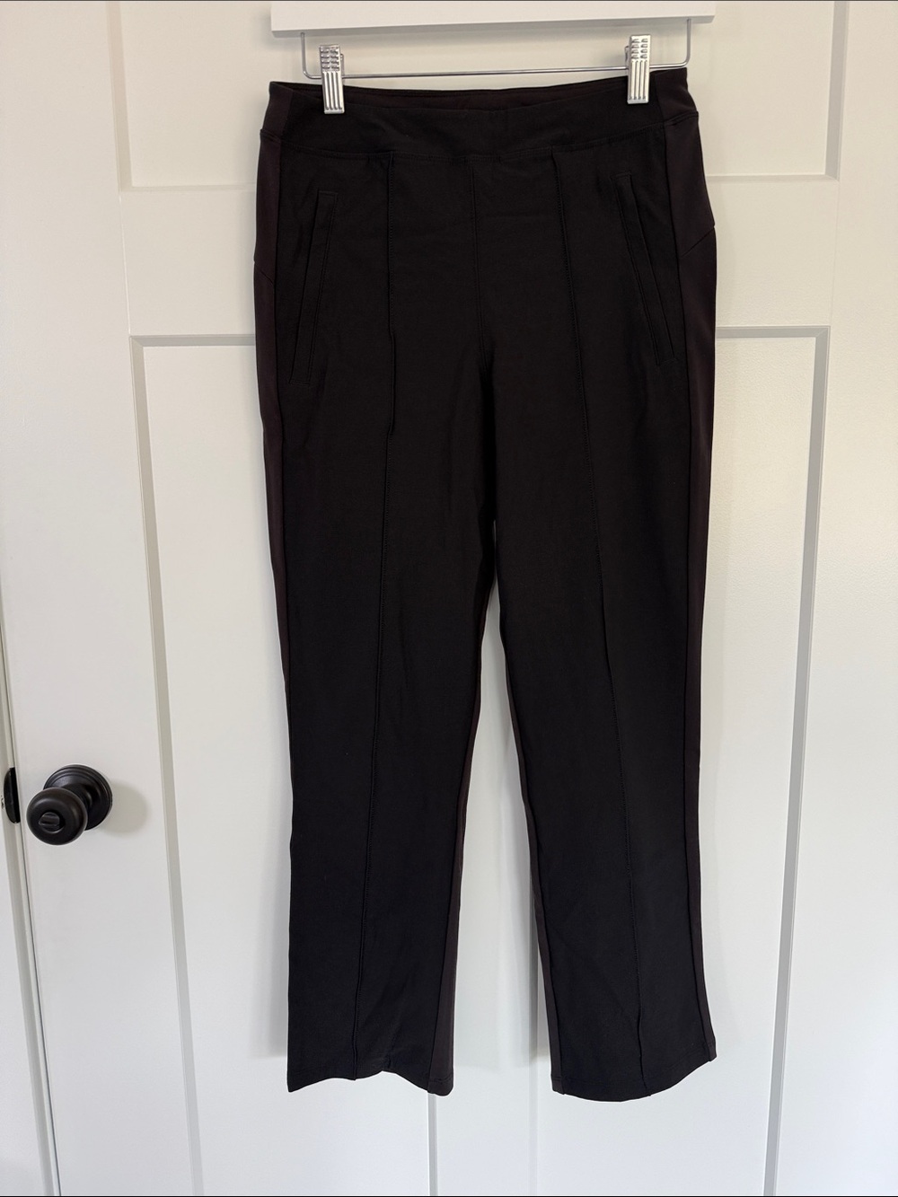 Athleta Black Stretch Dress Pants - front tech stretch, back legging material
